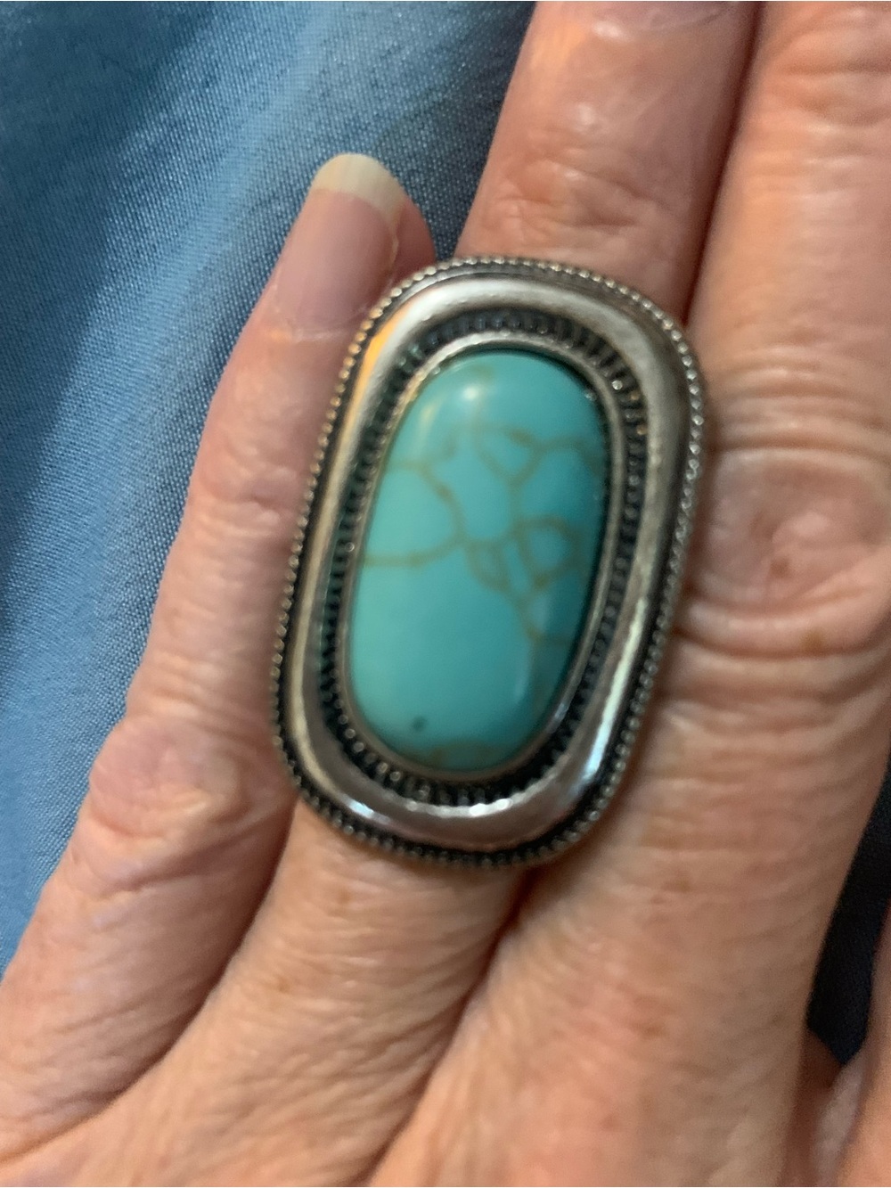 Oval Turquoise Color Cabochon Silver-Tone Statement Ring
